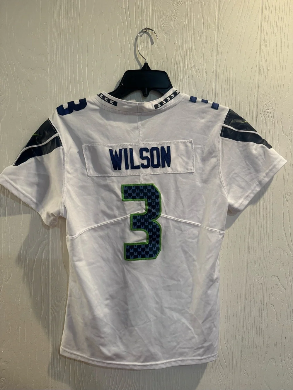 Nike White Seahawks #3 Football Jersey with Navy and Neon Green Accents